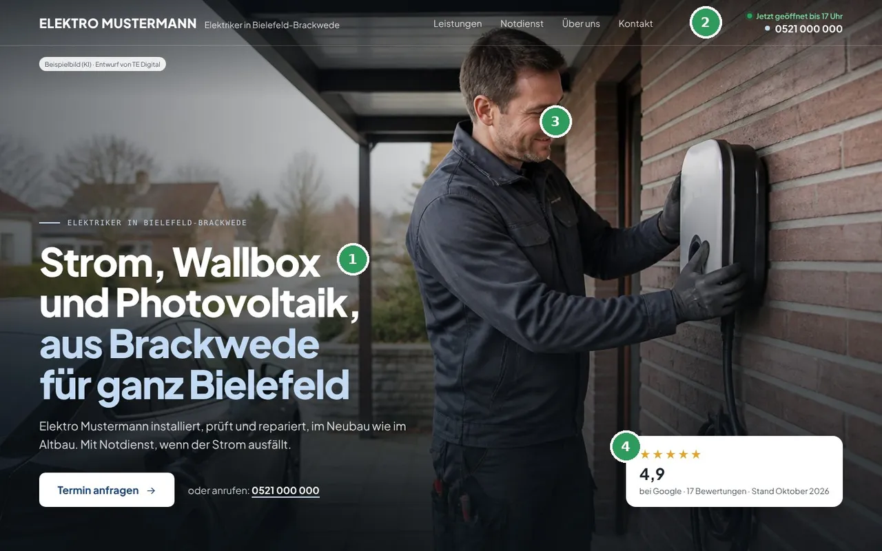 Rechte Hälfte des Musterblatts: der Entwurf des ersten Bildschirms für den erfundenen Betrieb Elektro Mustermann mit einem großen KI-Beispielbild eines Elektrikers an einer Wallbox, Headline, Knopf zur Terminanfrage, Telefon und 4,9 Sternen aus 17 Google-Bewertungen.