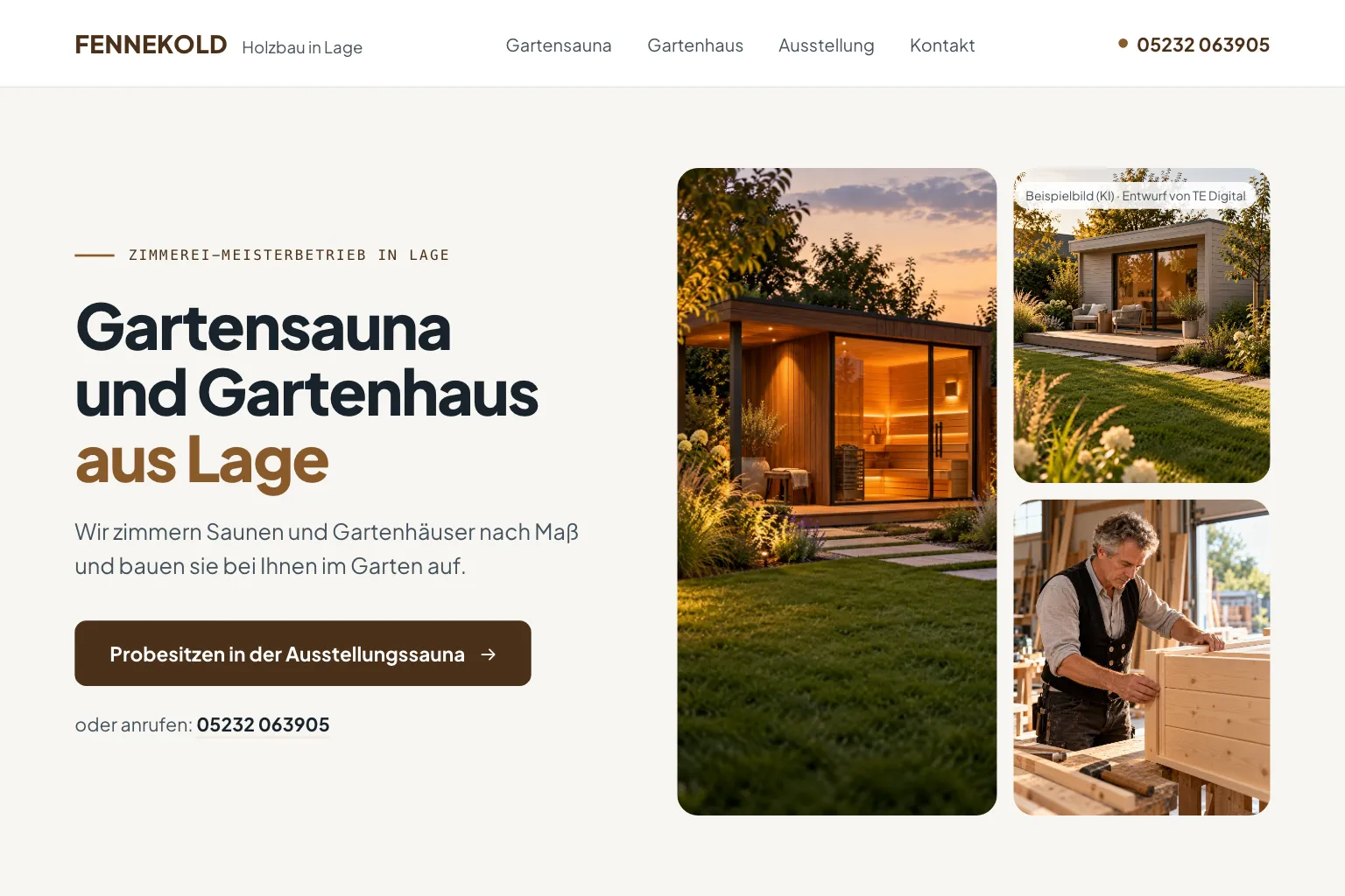 Startseite von Fennekold Holzbau in Weiß und Nussbraun: im Kopf „Holzbau in Lage“, ein Menü mit Gartensauna, Gartenhaus, Ausstellung und Kontakt und die Telefonnummer, links die kleine Zeile „Zimmerei-Meisterbetrieb in Lage“, die Überschrift „Gartensauna und Gartenhaus aus Lage“, darunter „Wir zimmern Saunen und Gartenhäuser nach Maß und bauen sie bei Ihnen im Garten auf.“, der Knopf „Probesitzen in der Ausstellungssauna“ und die Telefonnummer, rechts drei Fotos: groß eine beleuchtete Gartensauna mit Glasfront am Abend, daneben ein hellgraues Gartenhaus mit Holzterrasse und ein Zimmerer an der Werkbank, der einen Kasten aus hellem Holz zusammensetzt (Entwurf mit KI-Fotos, Betrieb erfunden)