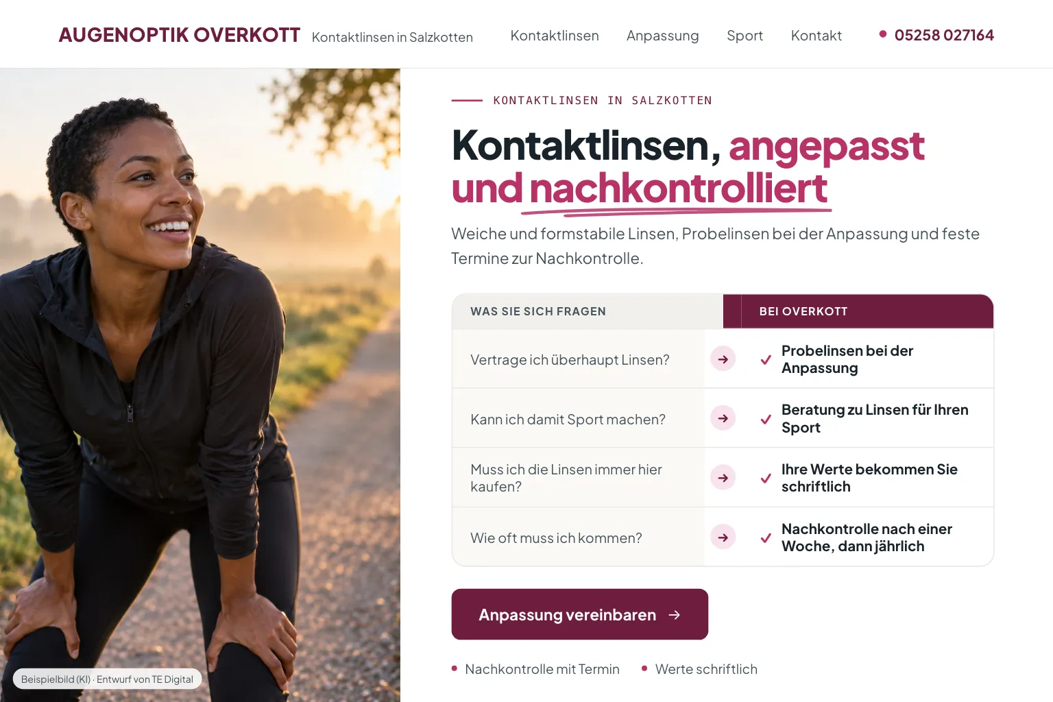 Startseite von Augenoptik Overkott in Weiß und Magenta: links ein Foto einer jungen Läuferin, die auf einem Feldweg am Morgen lacht, rechts die kleine Zeile „Kontaktlinsen in Salzkotten“, die Überschrift „Kontaktlinsen, angepasst und nachkontrolliert“, darunter „Weiche und formstabile Linsen, Probelinsen bei der Anpassung und feste Termine zur Nachkontrolle.“, eine Gegenüberstellung „Was Sie sich fragen“ und „Bei Overkott“ mit vier Zeilen, etwa „Muss ich die Linsen immer hier kaufen?“ und „Ihre Werte bekommen Sie schriftlich“, der Knopf „Anpassung vereinbaren“ und die Zeilen Nachkontrolle mit Termin und Werte schriftlich (Entwurf mit KI-Foto, Geschäft erfunden)
