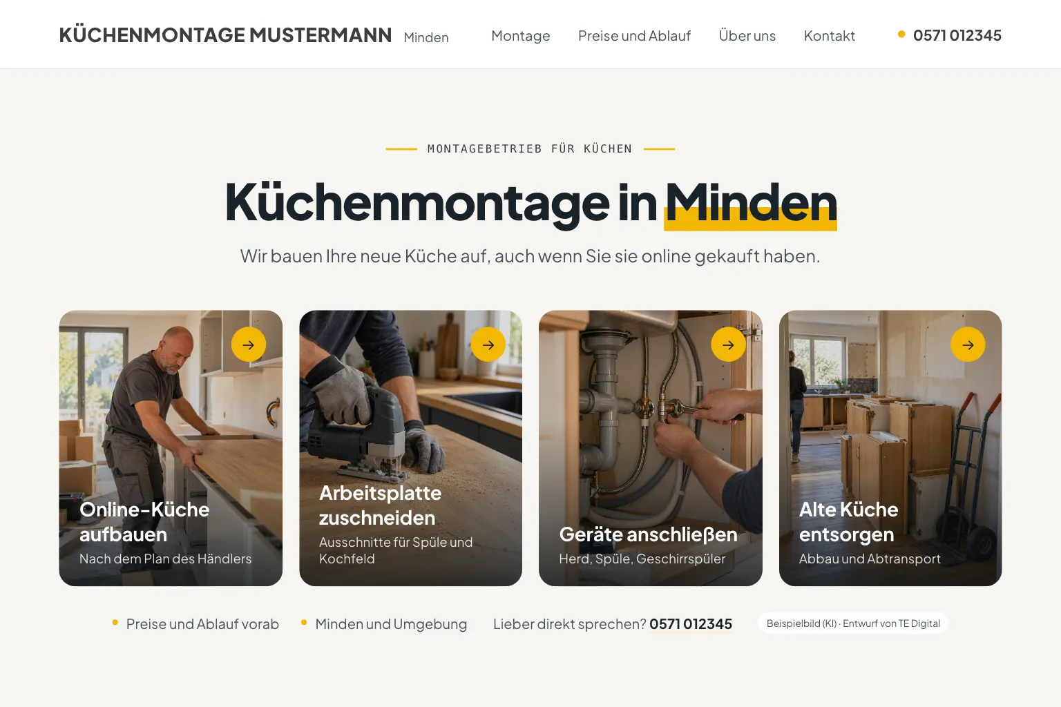 Startseite von Küchenmontage Mustermann in Weiß, Grau und Gelb: mittig die Überschrift „Küchenmontage in Minden“, darunter „Wir bauen Ihre neue Küche auf, auch wenn Sie sie online gekauft haben.“, vier Bildkacheln: Online-Küche aufbauen, Arbeitsplatte zuschneiden, Geräte anschließen und Alte Küche entsorgen, darunter Preise und Ablauf vorab, Minden und Umgebung und die Telefonnummer (Entwurf mit KI-Fotos, Betrieb erfunden)