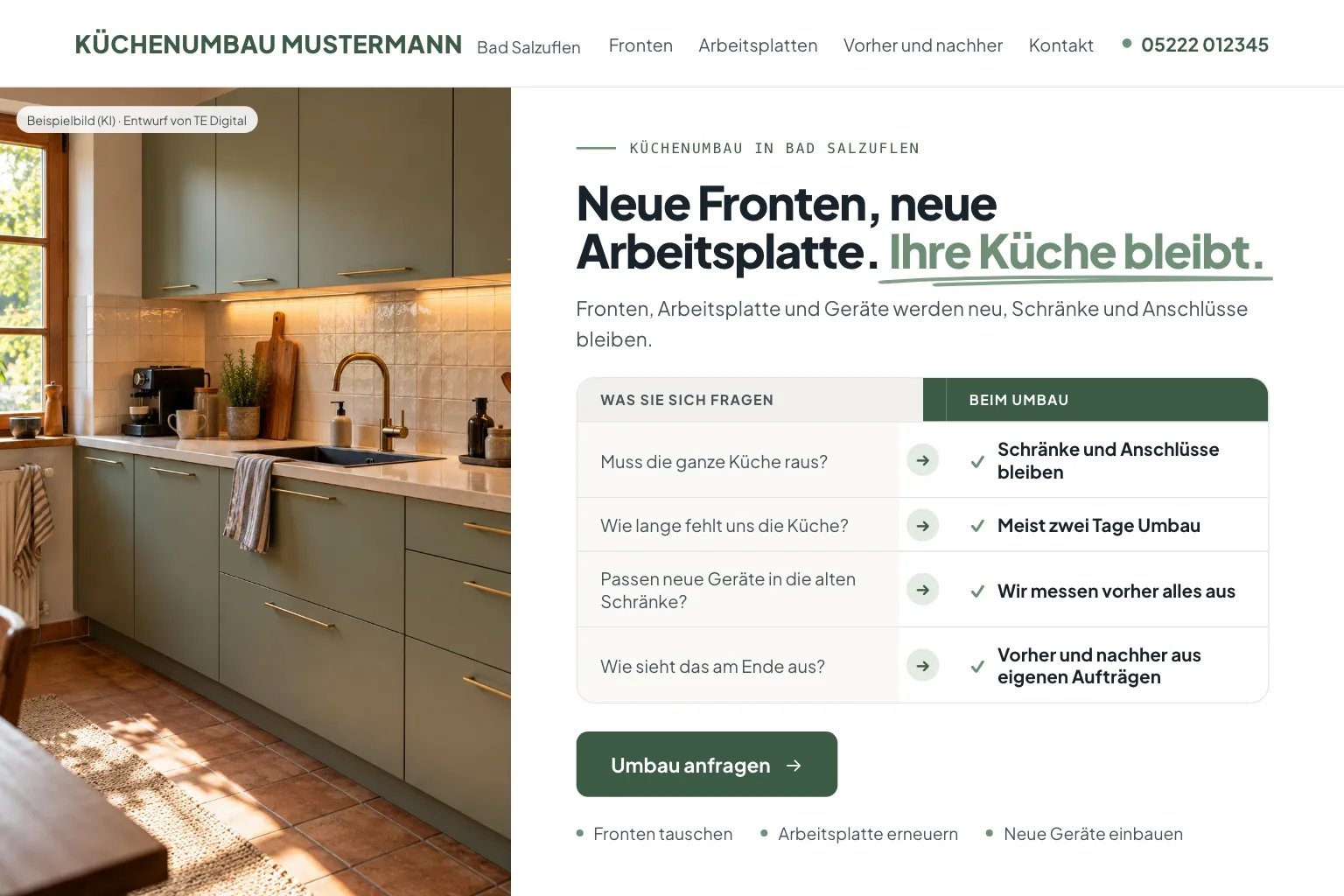 Startseite von Küchenumbau Mustermann in Weiß und Salbeigrün: links ein Foto einer Küchenzeile mit neuen salbeigrünen Fronten und heller Arbeitsplatte, rechts die Überschrift „Neue Fronten, neue Arbeitsplatte. Ihre Küche bleibt.“, darunter „Fronten, Arbeitsplatte und Geräte werden neu, Schränke und Anschlüsse bleiben.“, eine Gegenüberstellung „Was Sie sich fragen“ und „Beim Umbau“ mit vier Zeilen, etwa „Wie lange fehlt uns die Küche?“ und „Meist zwei Tage Umbau“, der Knopf „Umbau anfragen“ und eine Zeile mit Fronten tauschen, Arbeitsplatte erneuern und neue Geräte einbauen (Entwurf mit KI-Foto, Betrieb erfunden)