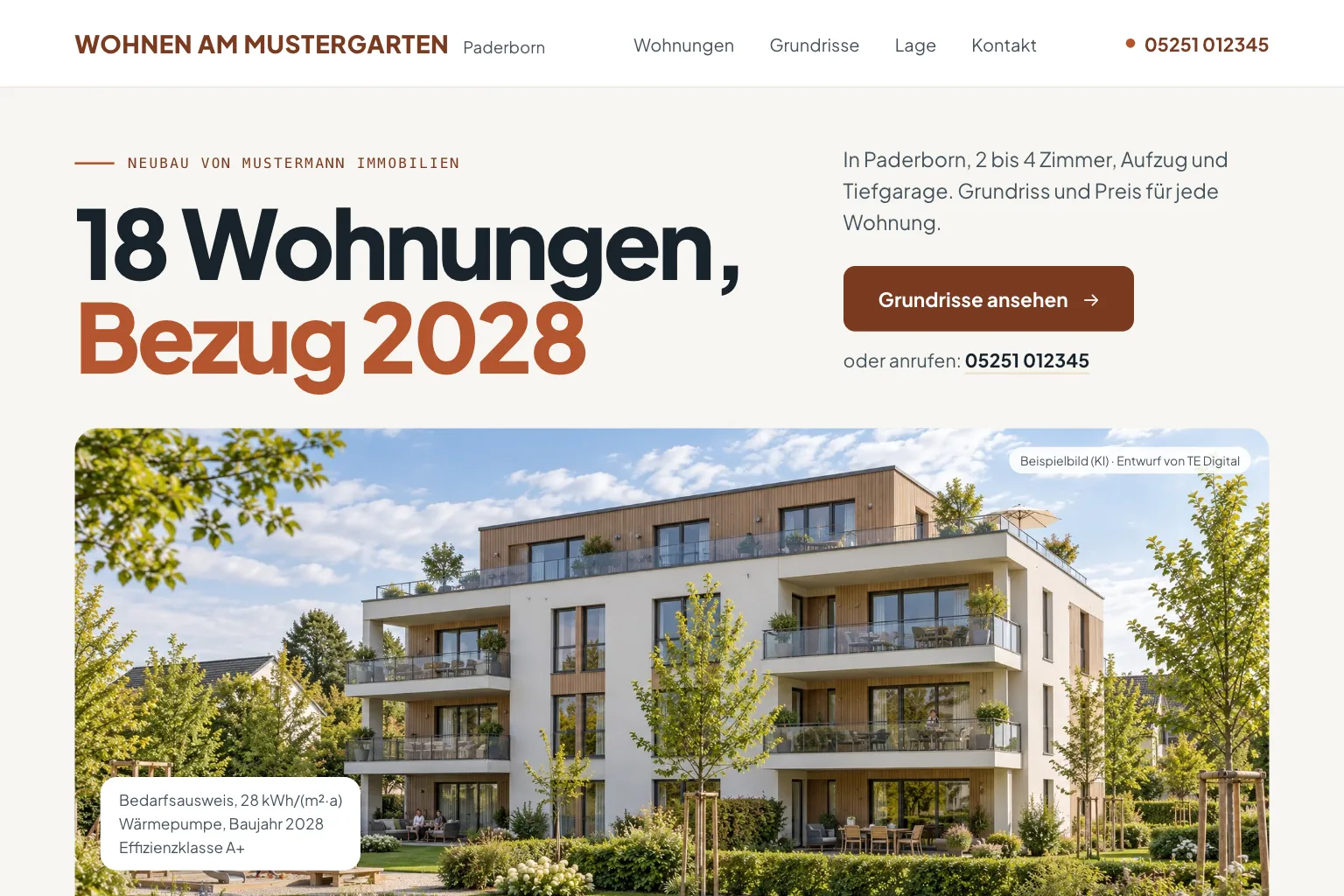 Startseite des Neubauprojekts „Wohnen am Mustergarten“ von Mustermann Immobilien in Weiß, Sand und Terrakotta: sehr groß die Überschrift „18 Wohnungen, Bezug 2028“, daneben „In Paderborn, 2 bis 4 Zimmer, Aufzug und Tiefgarage. Grundriss und Preis für jede Wohnung.“ und der Knopf „Grundrisse ansehen“, darunter über die ganze Breite eine Visualisierung eines dreigeschossigen Hauses mit Balkonen und Garten, darauf ein Kärtchen mit Bedarfsausweis, 28 kWh/(m²·a), Wärmepumpe, Baujahr 2028, Effizienzklasse A+ (Entwurf mit KI-Bild, Büro erfunden)