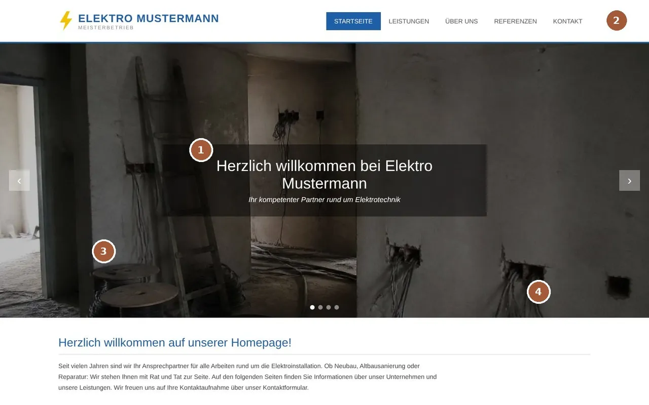 Linke Hälfte des Musterblatts für den erfundenen Betrieb Elektro Mustermann: die alte Startseite am Computer mit dunklem Baustellenfoto, der Überschrift „Herzlich willkommen“ und fünf nummerierten Markierungen.