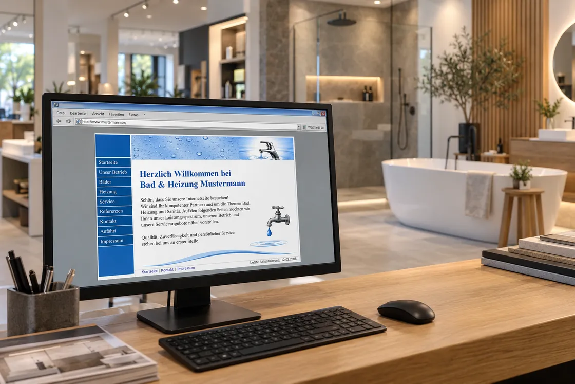 Bäderausstellung mit bodengleicher Dusche, freistehender Wanne und Holzwand, am Tresen ein Monitor mit der alten Website von Bad & Heizung Mustermann im Stil von 2008 (KI-Bild, Betrieb erfunden)