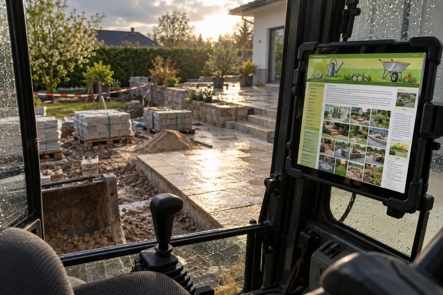 Ausschnitt aus der Kabine eines Minibaggers mit einem Tablet, auf dem die alte Website eines Gartenbaubetriebs zu sehen ist (KI-Bild, Betrieb erfunden)