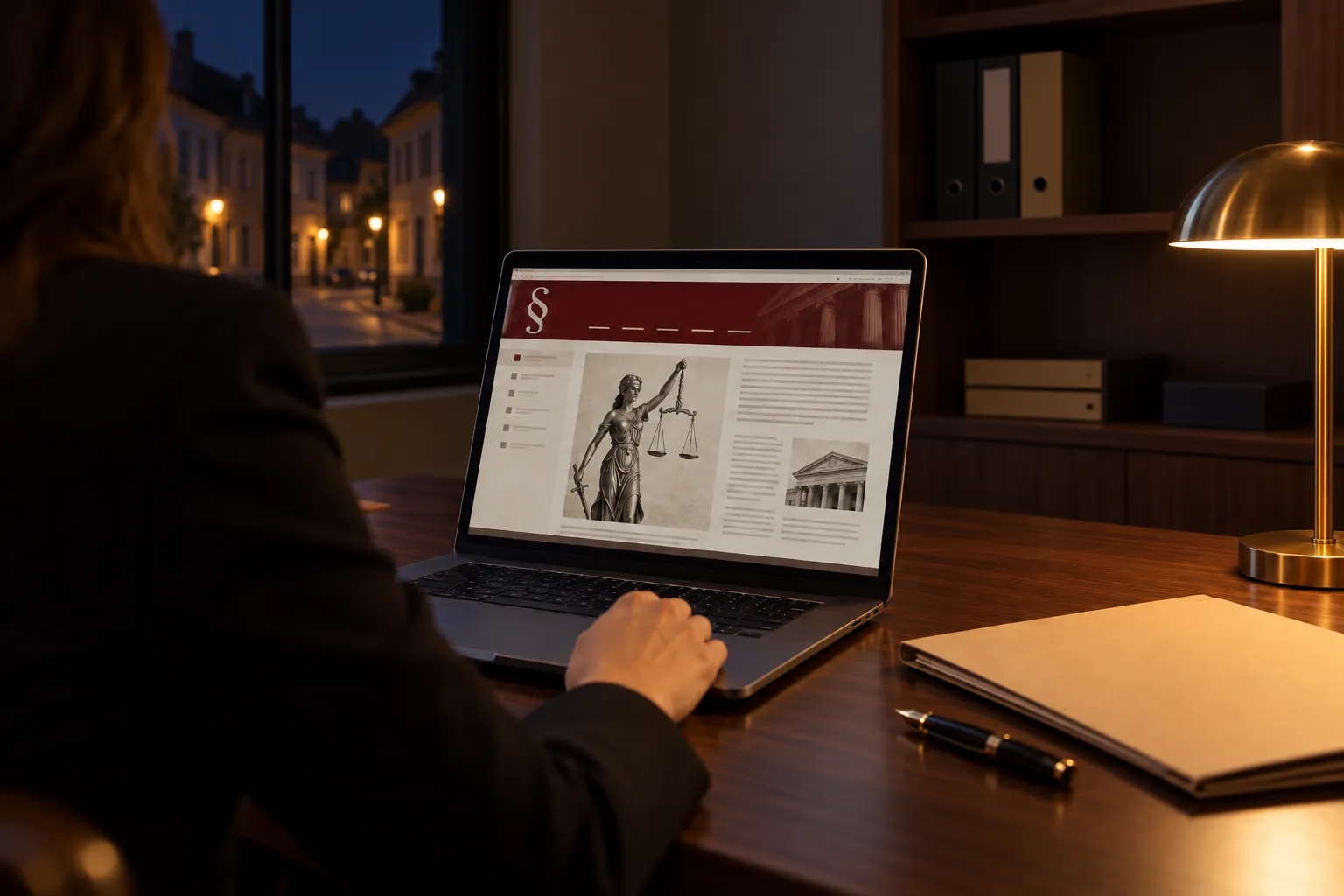 Ausschnitt eines Anwaltsbüros am Abend mit einem Laptop, auf dem eine alte Kanzlei-Website mit Justitia zu sehen ist (KI-Bild, Kanzlei erfunden)