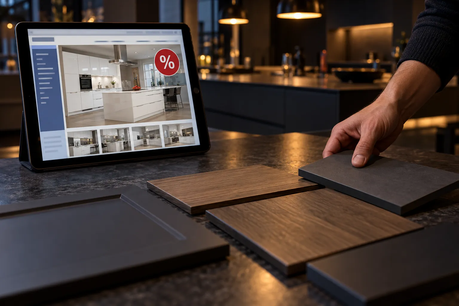 Ausschnitt einer Küchenausstellung mit einem Tablet, auf dem eine alte Studio-Website zu sehen ist (KI-Bild, Studio erfunden)