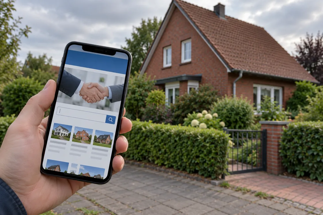 Eine Hand hält ein Smartphone mit einer alten Makler-Website mit Suchfeld und Handschlag-Foto, dahinter unscharf ein Einfamilienhaus aus rotem Klinker mit Garten (KI-Bild, Büro erfunden)