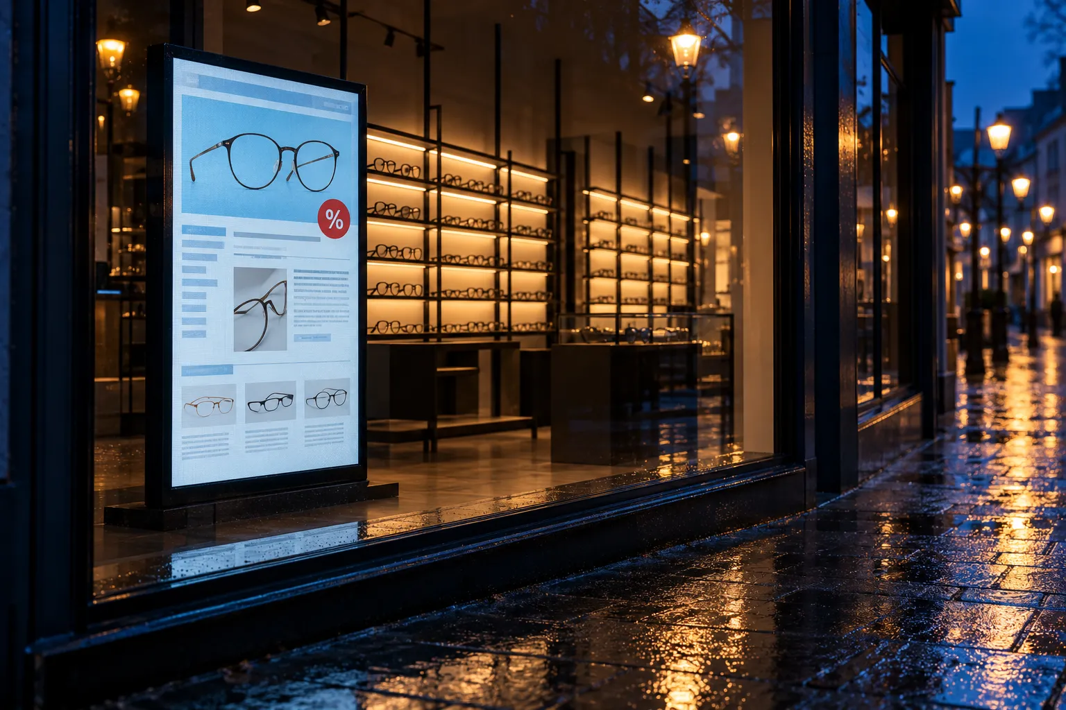 Ausschnitt eines Schaufensters eines Optikergeschäfts am Abend mit einem Bildschirm, auf dem eine alte Optiker-Website zu sehen ist (KI-Bild, Geschäft erfunden)