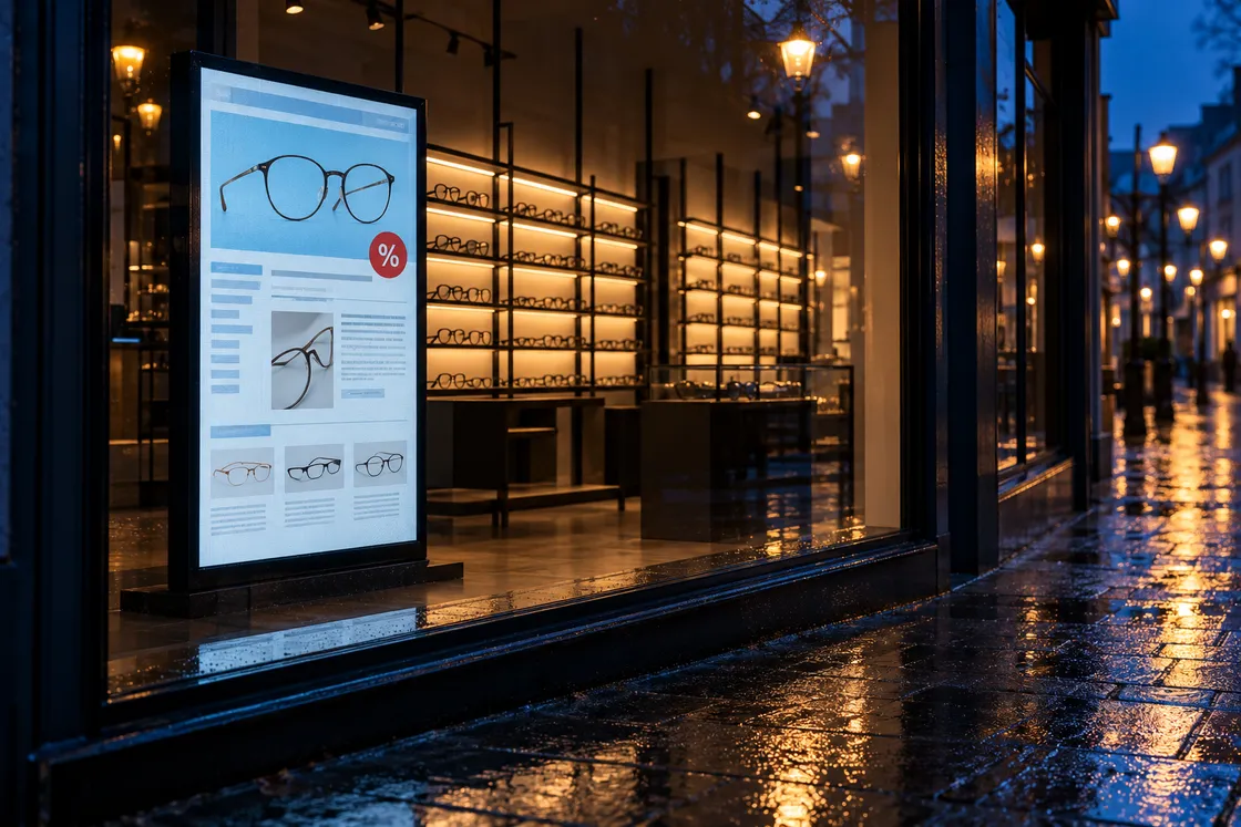 Blick von der Straße durch das Schaufenster eines Optikergeschäfts zur blauen Stunde nach Ladenschluss, nasses Pflaster spiegelt die Straßenlaternen, drinnen beleuchtete Regale mit Brillenfassungen in schwarzem Metall, vorne im Fenster ein hochkant stehender Bildschirm mit einer alten Optiker-Website mit großer Brille und einem roten Prozent-Störer (KI-Bild, Geschäft erfunden)