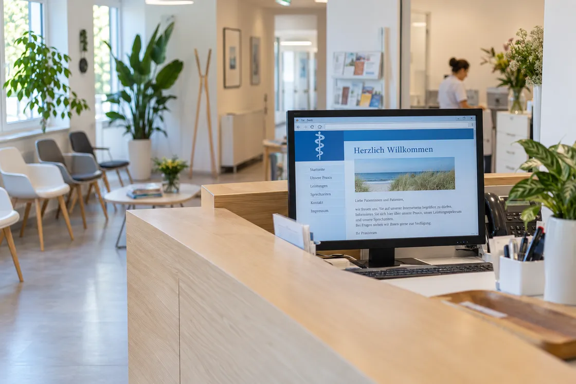 Heller Empfang einer Hausarztpraxis mit Tresen aus hellem Holz, Pflanzen und Wartebereich, im Hintergrund unscharf eine Mitarbeiterin, auf dem Monitor am Tresen eine alte Praxis-Website mit Äskulapstab und „Herzlich Willkommen“ (KI-Bild, Praxis erfunden)