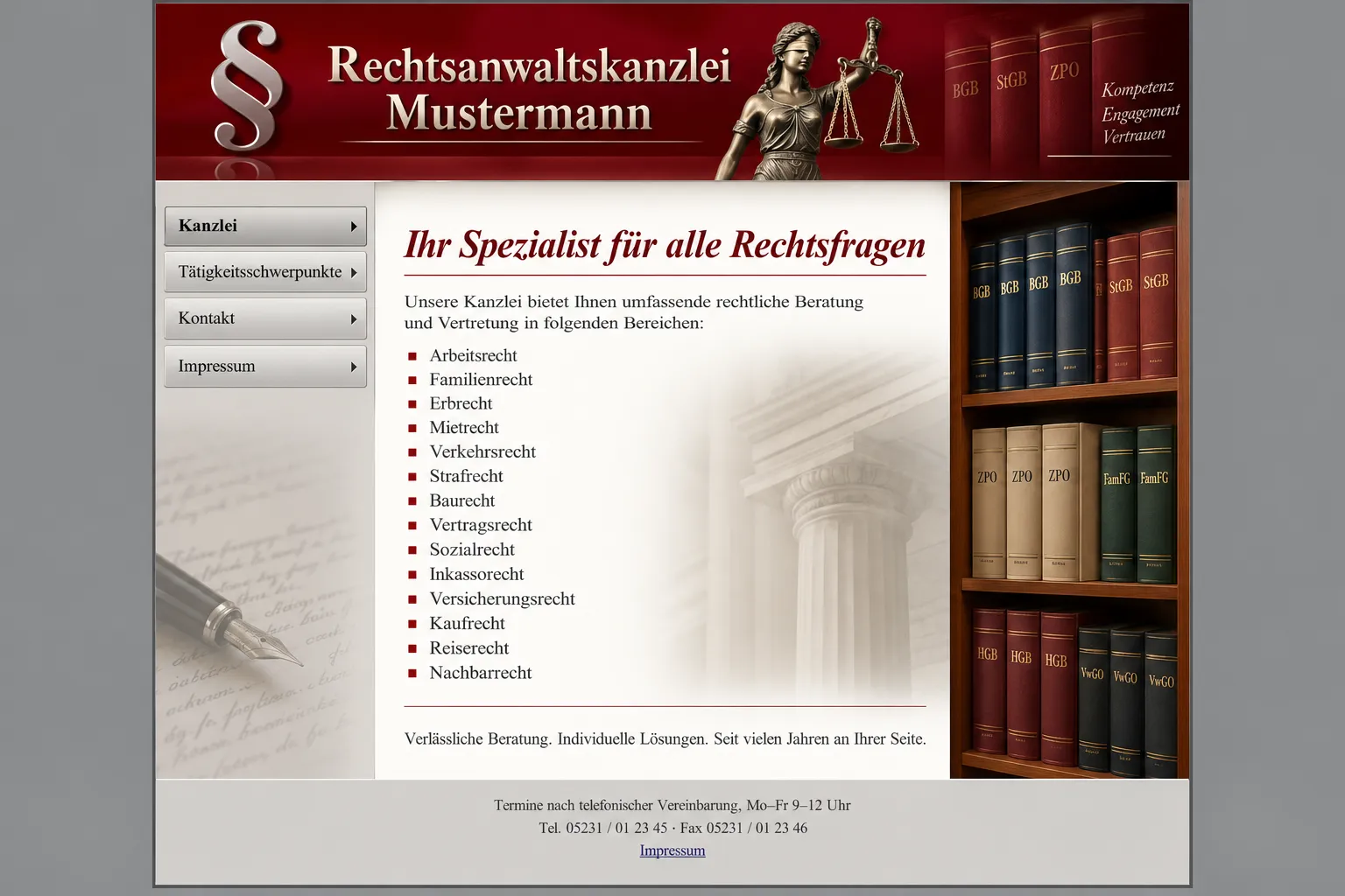 Alte Website der Kanzlei Mustermann: dunkelroter Kopf mit Paragrafenzeichen und Justitia als Clipart, Überschrift „Rechtsanwaltskanzlei Mustermann“, links ein Menü mit Kanzlei, Tätigkeitsschwerpunkte, Kontakt, Impressum, in der Mitte „Ihr Spezialist für alle Rechtsfragen“, eine lange Liste mit vierzehn Rechtsgebieten, ein Foto eines Bücherregals, unten klein „Termine nach telefonischer Vereinbarung, Mo–Fr 9–12 Uhr“, Telefon, Fax und der Link Impressum (KI-Entwurf, Kanzlei erfunden)